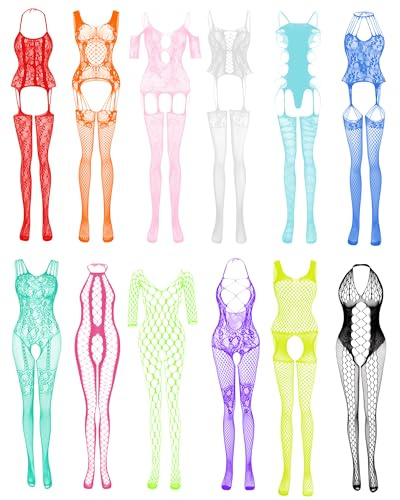 Damen Fischnetz Bodys Dessous Nachtwäsche Spitze Strümpfe Blumen für Romantische Datum Tragen Reizwäsche Schwarz (12Pack)