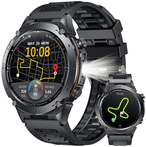 GPS Smartwatch Herren mit Telefonfunktion Fitnessuhr: 1,43 AMOLED Touchscreen mit LED Taschenlampe Sportuhr mit Kompass Luftdruck und Herzfrequenz 3ATM Wasserdicht Uhren Kompatibel iOS und Android