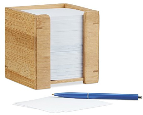 Relaxdays Zettelbox Bambus, Zettelkasten Holz, Notizzettel Halter, 900 Blatt, H x B x T: 10,5 x 10,5 x 10,5 cm, natur