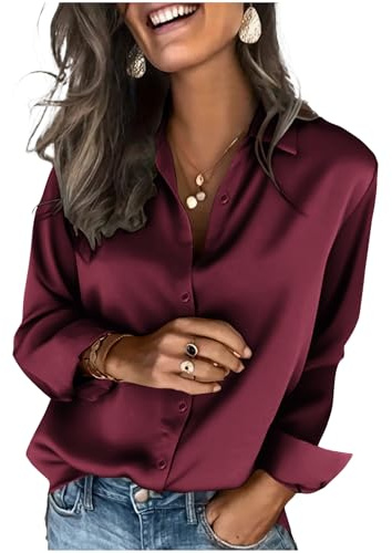 Zeagoo Bluse Damen Elegant Satin V-Ausschnitt Hemden Langarm Satinblusen Button Down Business Shirts Lässige Oberteil Tops Weinrot L