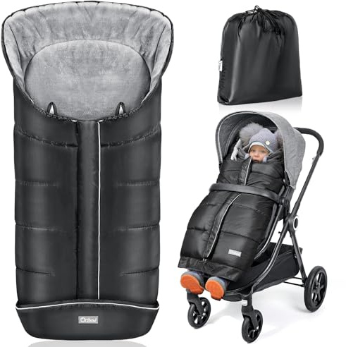 Orzbow Fußsack Kinderwagen Winter, Fußsack Buggy Fusssack Kinderwagen Baby Winter mit Wamres Korallen-Fleece, Reißverschluss, Anti-Rutschschutz & Reflektorstreifen, Universelle & Wasserdicht, Schwarz