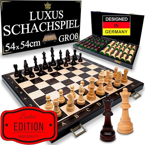 APEQi® Luxus Schach - großes Schachspiel Holz HOCHWERTIG - [54x54cm], Massivholz, 2 EXTRA-Damen, Geschenkidee - Schachbrett Holz hochwertig, 34 gewichtete große Schachfiguren, klappbares Chess Board