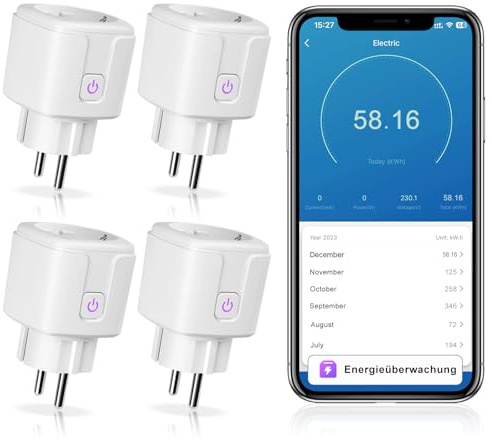 CNBINGO 4-Pack WLAN Smart Steckdose mit Strommessung, Sprachsteuerung, 16A | Funktioniert mit Alexa/ Google Assistant, WiFi Mini Plug mit Zeitschaltuhr, APP-Steuerung, Smart Home Steckdose Nur 2.4GHz