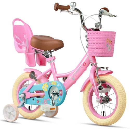 Glerc Maggie 12 Zoll Kinderfahrrad Alter 1 2 3 4 Jahre alt Mädchen Fahrrad Prinzessin Stil mit Puppen-Sitz & Korb & Stützräder & Glocke für Geburtstag,Rosa