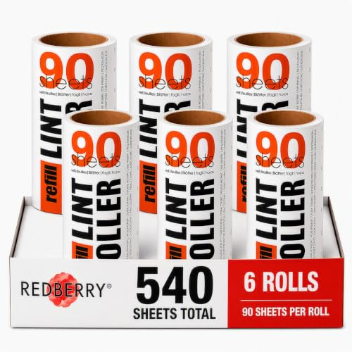 Redberry Value Lint Roller Nachfüllrollen – 6 Ersatzrollen – 90 Blatt pro Rolle – insgesamt 540 Blatt – perfekt für Tierhaare, Flusen, Staub – kann auf jedem Stoff aufgetragen Werden