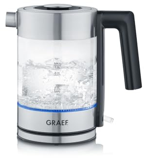 GRAEF Glaswasserkocher WK300 - Wasserkocher 1 Liter, Hochwertiges Design, SCHOTT DURAN Glas, Edelstahl, LED-Beleuchtung, Füllmengenmarkierung, 360° Basis, Kalkfilter, Leistungsstarke 2200 Watt