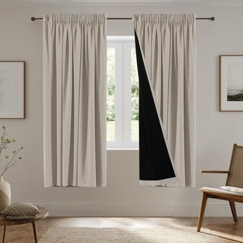 BellaHills 100% Verdunklungsvorhänge 2er Set - Thermovorhang Hitzeschutz - Vorhang Blickdicht Gardinenschals - Lärmschutzvorhang Gardinen, H214 x B132 cm, Natur