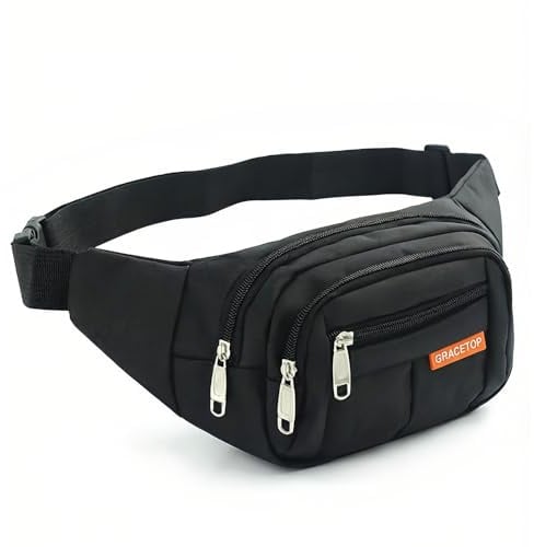 GRACETOP Gürteltasche Großer Sportlauf Outdoor Wandergürtel für Männer Frauen Wasserdicht mit 4 Reißverschlusstaschen mit Verstellbarem Schultergurt zum Laufen Radfahren Wandern Camping (Schwarz)