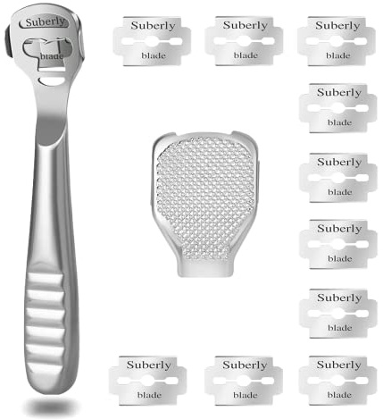 Hornhaut Hobel Set, Fußpflege Set, Edelstahl Hornhautentferner mit 10 Ersatz Klingen und 1 Hornhautraspel Kopf