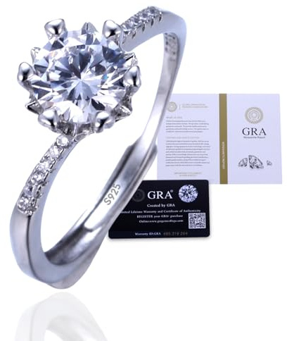 Halukakah Sterlingsilber Damen Diamantring mit 1 Karat Moissanitstein und Zertifikat, 1,0 ct Eleganter Schmuck für Verlobungen, Feiern und Geburtstage, Verstellbare Größe, Geschenk für Frau, Freundin