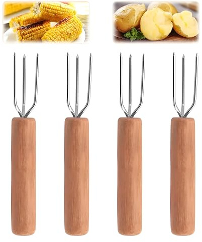 HSYTEK 4 Stück Pellkartoffelgabel Holz, Edelstahl Kartoffelgabel, Maisgabel mit 3 Gabeln, Wiederverwendbare Pellkartoffel für Kartoffeln, Mais, Obst, Grill, Schälhilfe
