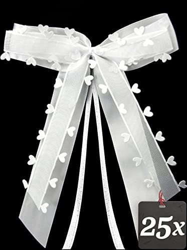 Praknu Antennenschleifen Hochzeit mit Herzen Weiß - 25 er Set Hochzeitsschleifen Auto - Handgemacht - Satinband - Einfaches Binden - Weiße Hochzeitsauto Schleifen Herz