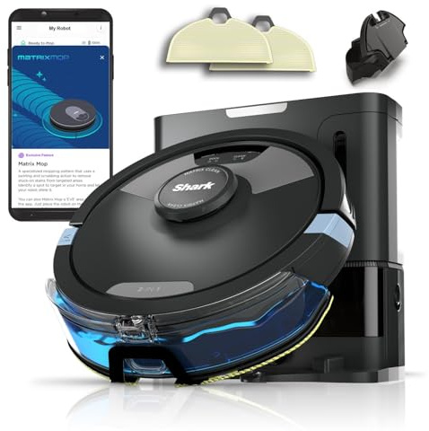 Shark Matrix Plus 2-in-1 Wisch- & Saugroboter, selbstentleerend, Schwarz | LiDAR-Mapping & Kantenreinigung, für Teppiche, Hartböden & Tierhaare, Anti-Allergen, selbstaufladend, WiFi/App - RV2620WAEU