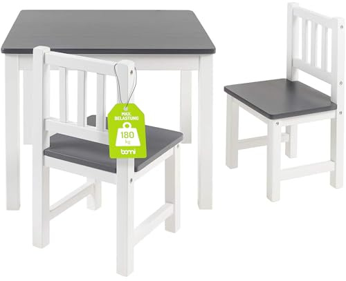 Bomi Kindersitzgruppe Holz Amy | Kindertisch mit 2 Stühlen | Tisch & Stühle Kinderzimmer Set | Spieltisch | Kindertisch für drinnen | Maltisch & Basteltisch Kinder | Kindermöbel Weiß Grau
