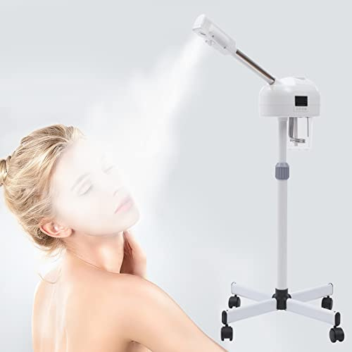 Gesichtsdampfer Gesichtssauna, 360° Ozon-Bedampfer Höhenverstellbar Gesichtssauna Verdampfer Porenreiniger Kosmetik Dampfgerät mit Timer für Gesicht Heim-Sauna SPA, Hautpflege (Weiß)