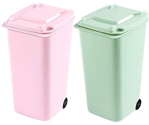 TAIANJI 2 Stück Mini Plastik Tisch Mülltonne mit Schwingdeckel und Räder | kompakt Abfalleimer Tischabfalleimer Desktop Mülleimer, Schreibtisch Organizer für Büro Frisiertisch Schlafzimmer Artikel