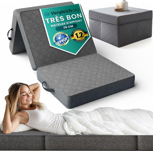 Klappmatratze Gästematratze klappbar 75x195x14 cm – mittelfest & bequem – Faltmatratze Gästebett mit Husse, als Tisch & Sitzwürfel nutzbar – platzsparend klappbar für Gäste & Camping – OEKO-TEX