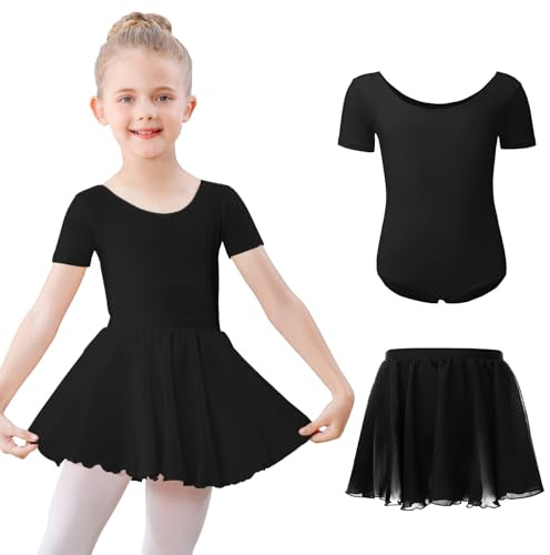Ballettkleidung Mädchen Kurzarm Ballettkleid Baumwolle Balletttrikot Kinder Ballettanzug Ballettbody mit Chiffon Rock Tütü 3-11Jahre Schwarz 130