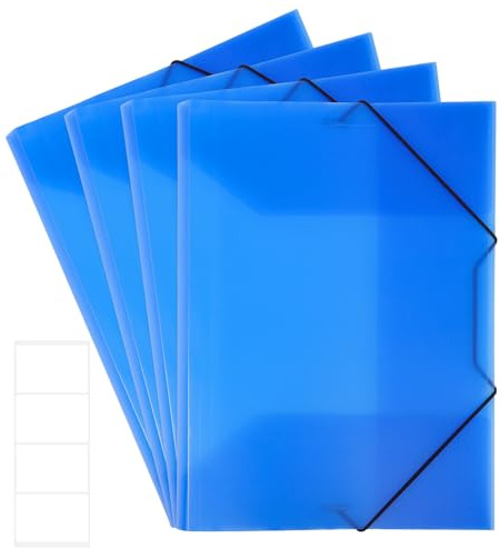 4 Stück Sammelmappe A4, Postmappe aus Kunststoff Transluzent Eckspannermappe mit Gummizug und Innenklappen Dokumentenmappe für Schule Büro Zuhause (Blau, mit Aufkleber)