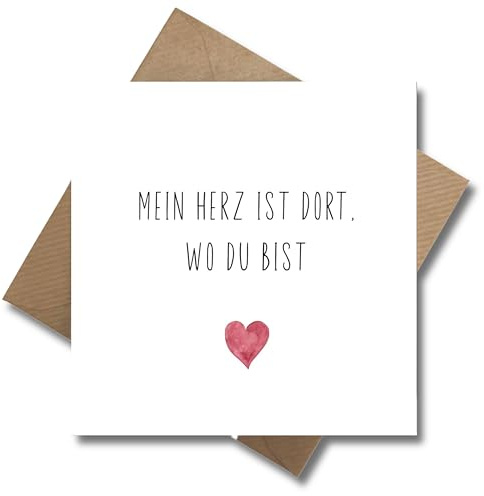 WBdesignz Liebeskarte „Mein Herz ist dort, wo du bist“ mit Umschlag – minimalistische Karte mit Herz - Vermissen Karte - Partner Freund Freundin Fernbeziehung - Jahrestag Valentinstag (125 x 125 mm)