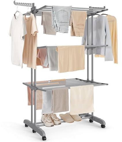 SONGMICS Wäscheständer, Standtrockner 4 Ebenen, Flügelwäscheständer, klappbare Flügel, mit Rollen, 63,5 x 125,5 x 173 cm, groß, einfacher Aufbau, Taubengrau LLR703G01