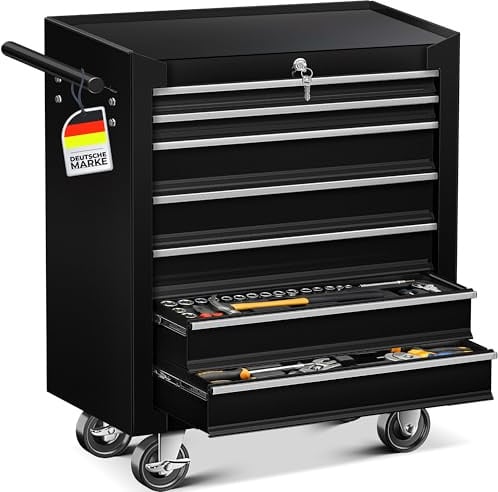 MASKO® Werkstattwagen rollbar 7 Schubladen abschließbar, mobiler Rollwagen zur Werkzeugaufbewahrung mit Schloss & Kugellager-Schubladen, Stabiler Werkstatt Trolley aus massiven Metall, Schwarz
