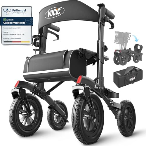 VOCIC Z52 Outdoor Rollator 2-fach faltbar und leicht mit Sitz All Terrain | 30CM Vollgummi Reifen Pannensicher wartungsfrei Nur 9,4kg Alu höhenverstellbar Ideal für Waldwege Gras Strand, Schwarz