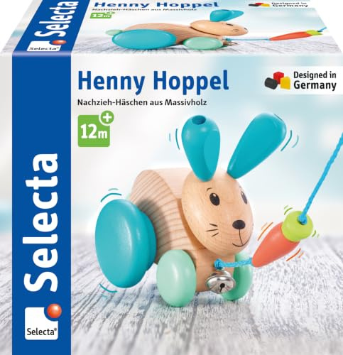 Selecta 62100 Henny Hoppel Nachzieh-Hase aus Holz, 13 cm | Schiebe- und Nachziehspielzeug