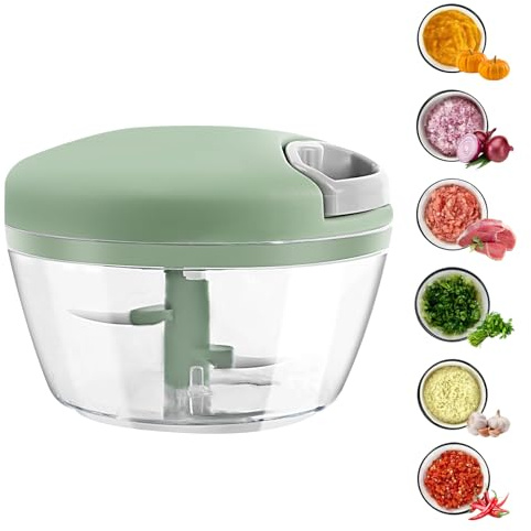 Zwiebel Zerkleinerer,Zwiebelschneider mit Seilzug 500ML, Gemüseschneider,Multizerkleinerer für Gemüse,Obst, Nüsse, Knoblauch, Babynahrung,BPA-Frei,Küchen Zerkleinerer mit 3 Edelstahlklingen Grün