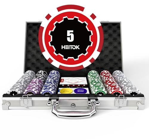 HEITOK Poker Koffer 300 Chips Set – 11,5g Pokerchips mit Wertaufdruck, Alu-Koffer, Karten, Würfel & Button