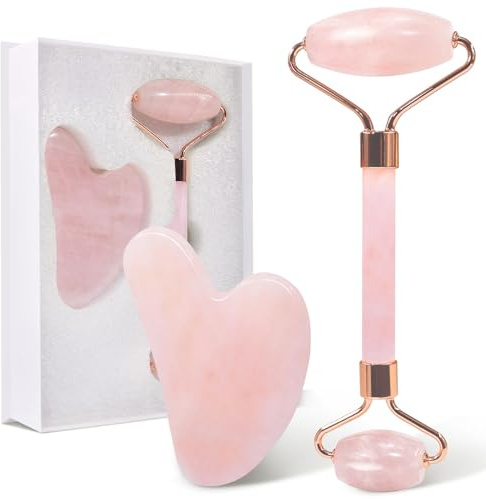GUGUG Rosenquarz Roller und Gua Sha Stein, Natural Jade Roller for Facial Massage, Face Roller for Eye Puffiness, Skin Tightening