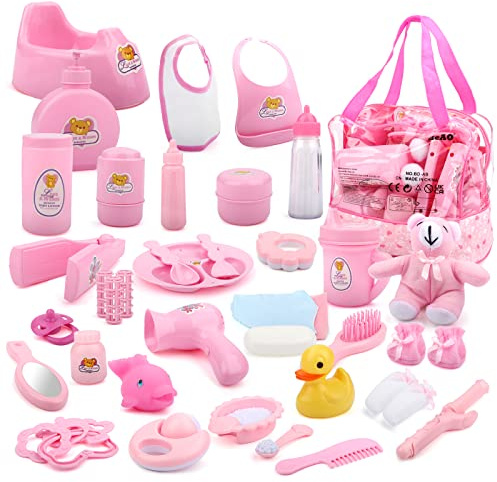 deAO 40-teiliges Puppenzubehör-Set mit Nahrung, Kleidung, Plüsch, Badespielzeug, Schnuller und vielem mehr – Super Set zur Pflege des Babys