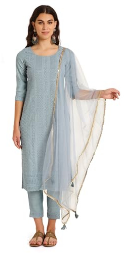 SHOPPING QUEEN Damen Seide Chikankari Kurta Hose Set mit Dupatta
