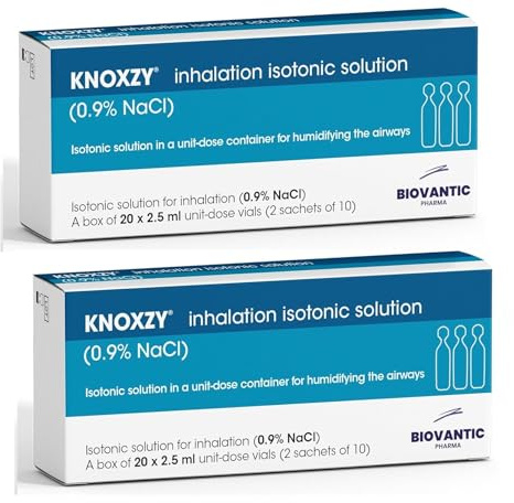 KNOXZY Sterile isotonische Kochsalzlösung 0,9% – Natriumchlorid NaCl – Inhalations-Kochsalzlösung zur Befeuchtung der Atemwege – 20 x 2,5 ml Einheitsdosisfläschchen (2er-Pack)