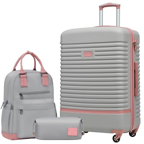 COOLIFE Koffer Trolley Koffer Reisekoffer von ABS Hartschalen Trolley 4 Rollen TSA-Schloss Der Koffer Enthält 1 Reiserucksack und 1 Kulturbeutel (Grau/Rosa, Großer Koffer-Set 3tlg)