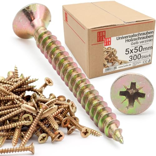 LUN FIX Universalschraube 5,0x50 mm 300 Stk, Kreuzschlitz PZ2, Senkkopf, gelb verzinkt, Holzschrauben, Vollgewinde, Spanplattenschrauben, selbstschneidende Schrauben für Holz, Möbelbau