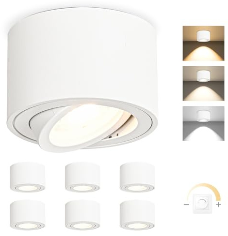 YindaLux 6x 3CCT LED Aufbauspot Weiß - Extra Flach & 30° Schwenkbar Spots Deckenleuchte - Ø80x50mm - Aufputz Decke inkl. 5W 500LM Dimmbar LED Modul 230V - Deckenspots, Deckenstrahler Aufbaustrahler