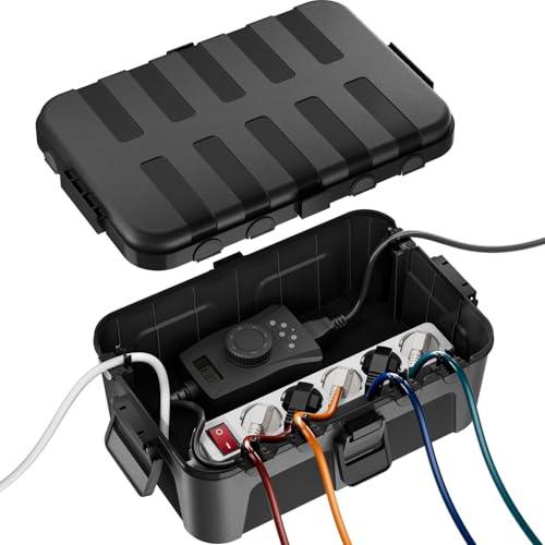 RESTMO große wasserdichte Kabelbox für den Außenbereich (Outdoor), IP54 wasserdicht, wetterfester Elektrokasten zum Schutz von Verlängerungskabel, Steckdosenleisten, Außensteckern (32x22x13cm)-Schwarz