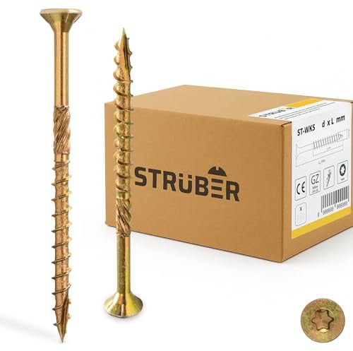 STRÜBER Holzschrauben mit Torx-Antrieb (4,0 x 70 mm / 200 Stück) Holzbauschrauben mit TX-Buchse - Spanplattenschrauben Gelb verzinkt - Senkkopfschrauben für Dachkonstruktionen - Universalschrauben