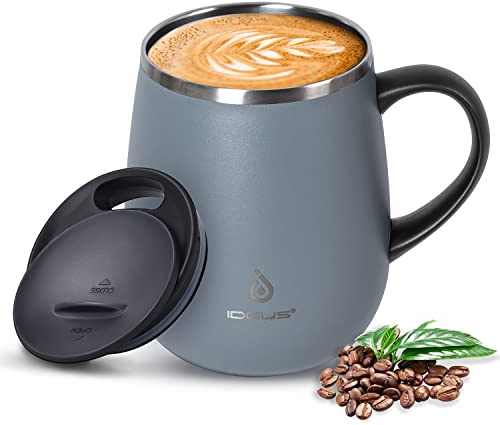 Ideus® Kaffeebecher 470 ml (16 oz), doppelwandige vakuumisolierte Kaffee- und Teetasse aus Edelstahl mit rutschfestem Griff und Schiebemoduldeckel und großem Volumen (Grau)