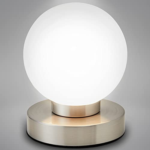 B.K.Licht - Nachttischlampe mit Touch, Dimmbar, E14 Fassung, Kugel Glas weiß, Tischlampe, Lampe, Nachttischleuchte, Tischleuchte, Bürolampe, Leselampe, Leselicht, 12,6x15,7 cm (DxH), Matt-nickel