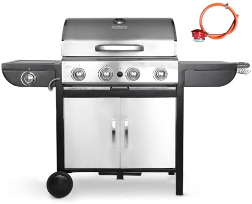 TLSUNNY 4+1 Brenner Gasgrill aus Edelstahl, Master mit Seitenkochfeld,BBQ Grillwagen Gas mit 2 pcs Rad,Hochleistungsbrenner, Impulszünd, mit Thermometer,Große Grillfläche,Grillküche,4*/2.93KW + 2.33KW