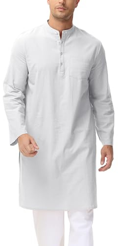 LVCBL Jubba Thobe für Männer Kaftan Herren Langarm Leinen Stehkragen Robes Weiß XL