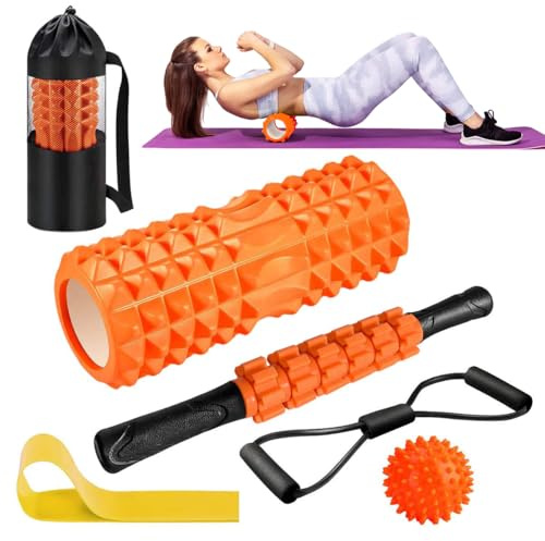 Faszienrolle, Qveetry Foam Roller Faszienrolle Sets mit Massageroller Stab, Widerstandsbänder Krafttraining, Massageball, Fitnessbänder, 33cm Schaumstoffrolle für Yoga Pilates, mit Poster (Orange)
