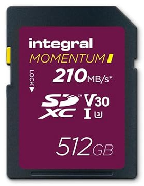 Integral Momentum I 512 GB SDXC V30 U3 Karte – bis zu 210 MB/s lesen, 180 MB/s schreiben – für DSLR, spiegellose Kameras & Camcorder – 4K UHD Video & Burst-Mode – wasserdicht, stoßfest, robust