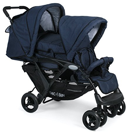 CHIC 4 BABY 274 52 Geschwisterwagen Duo, Jeans navy, blau | Komfort-Tandemwagen im edlen Jeans Navy Look. Komplettset inklusive Soft-Tragetasche, Regenschutz & viel Stauraum.