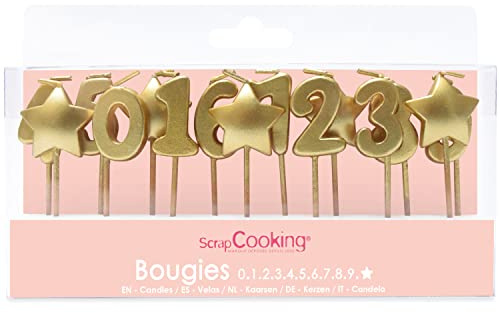 ScrapCooking - 15 Stück Gold Geburtstagskerzen - Zahlen 0 bis 9 & Sterne Kerzen - Original Holzdekoration Paraffin Kuchen - Accessoire Party Erwachsene Kinder Cupcake Backen - 5002
