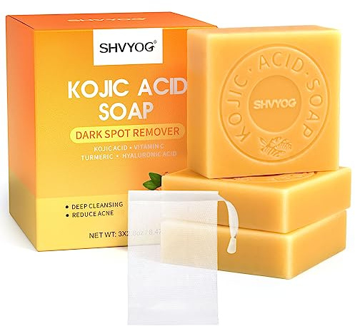 Kojisäure-Seife, Kurkuma Seifenstück, Vitamin C Seifenstück, Entfernen dunkler Flecken, sanfte Seife für Akne, Mitesser, Tiefenreinigung für Gesicht und Körper mit einem Schaumnetz (3 Stück)