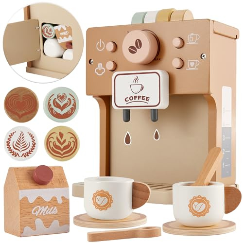 BUYGER Kinder Kaffeemaschine Kinderküche Zubehör Holz, Küchenspielzeug ab 3 + Jahre, Pädagogisches Spielzeug, Geburtstags Geschenke für Kinder Jungen Mädchen