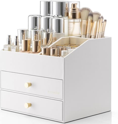 VLANDO Make up Organizer mit 3 Schubladen,Schminktisch Organizer PU leader | Parfüm Organizer, Skincare Organizer,Schminktisch Zubehör für Lippenstift, Geschenk,Weiß